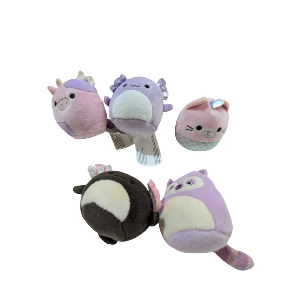 Squishmallows Micromallows 2.5 Inch Plush Lot of‎ 5 Axolotl Cow Cat Raccoon Bat